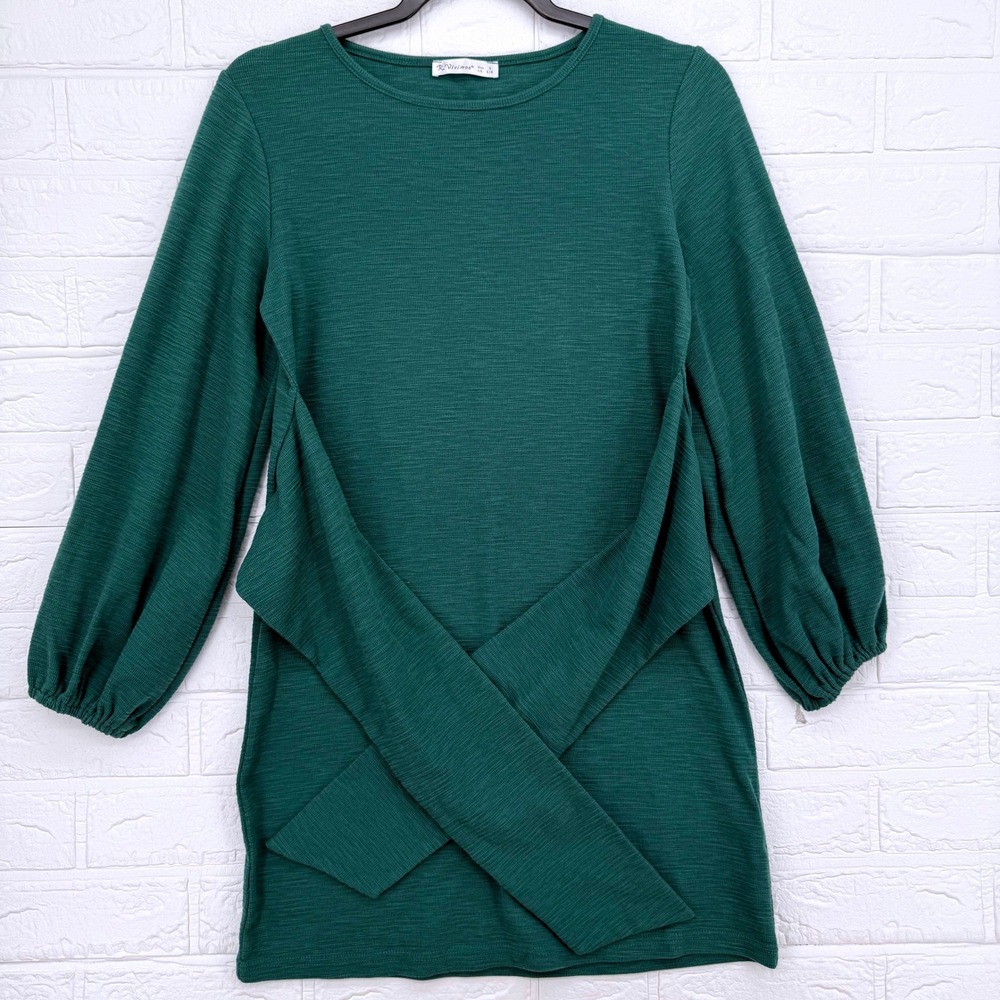R.Vivimos Mini Dress Women S Green Tie Front Balloon Sleeve Slub Knit Boho